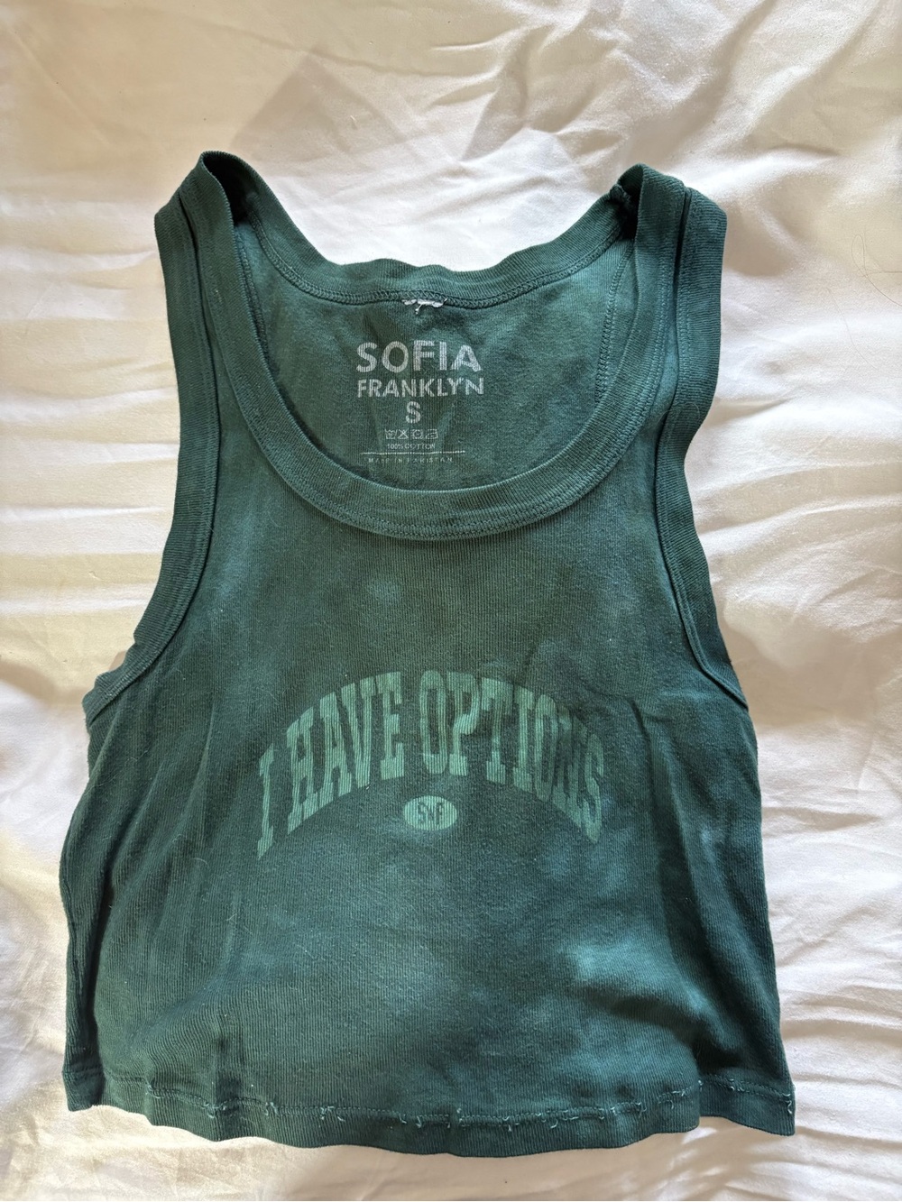 Sofia with an F “I have options” tank